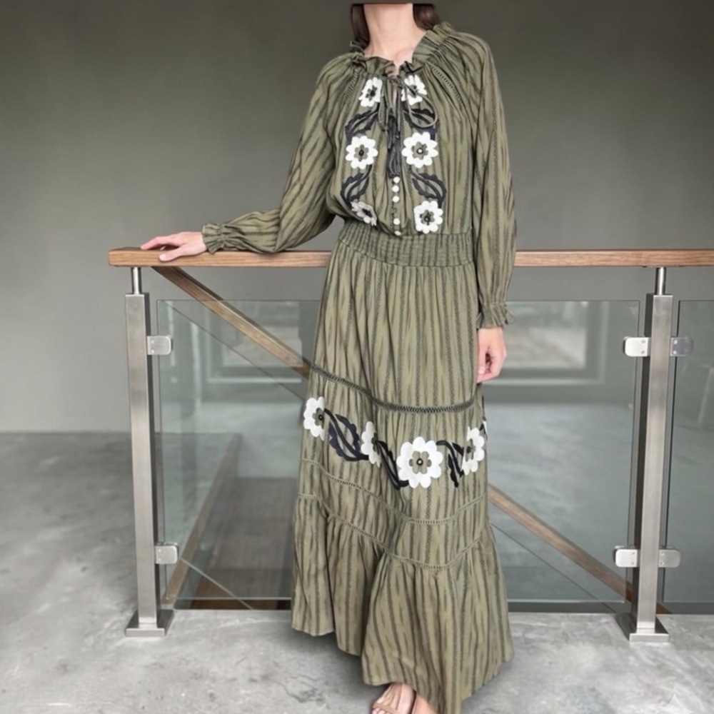 Miss June Khaki Embroidered floral maxi dress - OS​